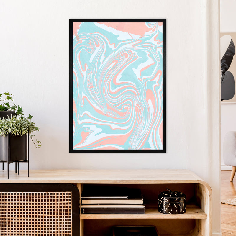Liquid Mix Turquoise And Salmon  Art Print by Pixy Paper A1 White Frame