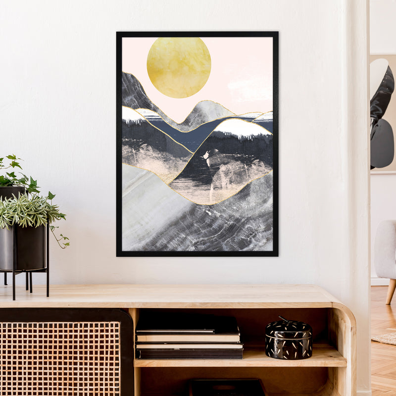 Gold Moon Navy Marble Mountains  Art Print by Pixy Paper A1 White Frame