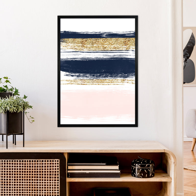 Lux Navy And Pink Paint Stripes  Art Print by Pixy Paper A1 White Frame