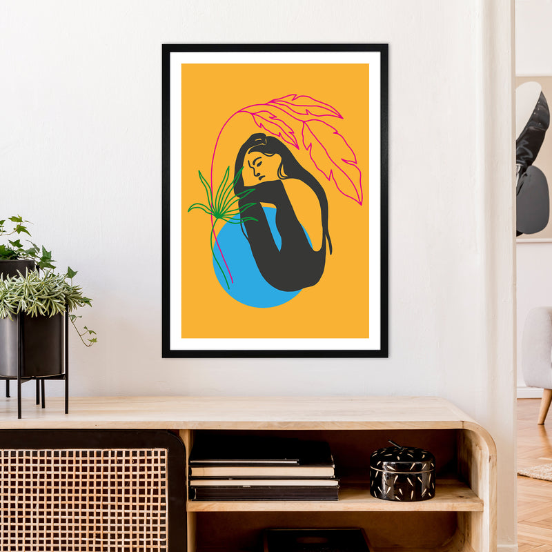 Girl Under Plant Yellow Neon Funk  Art Print by Pixy Paper A1 White Frame
