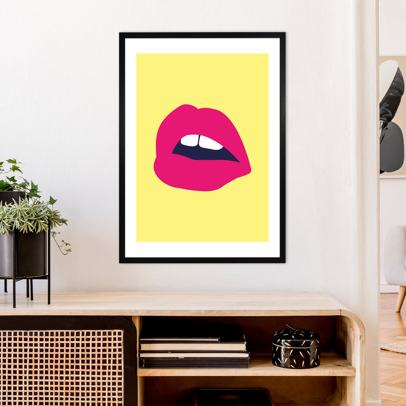 Pink Lips Yellow Back  Art Print by Pixy Paper A1 White Frame