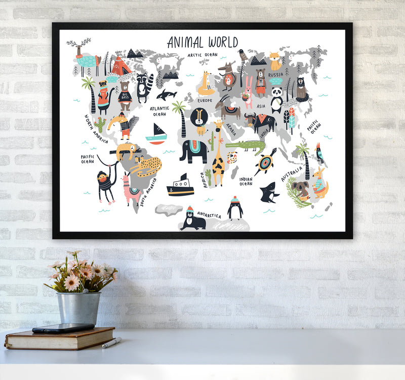 Animal World Map  Art Print by Pixy Paper A1 White Frame