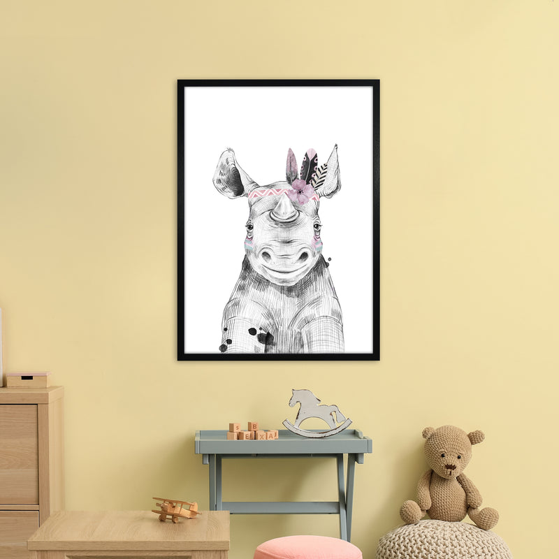 Safari Babies Rhino With Head Feathers  Art Print by Pixy Paper A1 White Frame