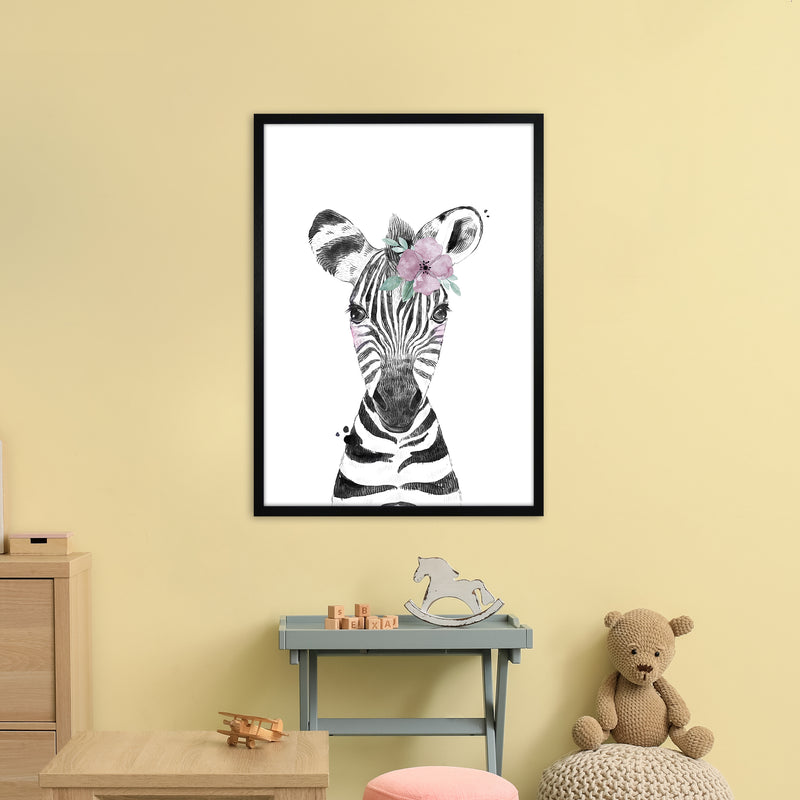 Safari Babies Zebra With Flower  Art Print by Pixy Paper A1 White Frame