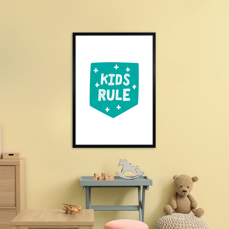 Kids Rule Teal Super Scandi  Art Print by Pixy Paper A1 White Frame
