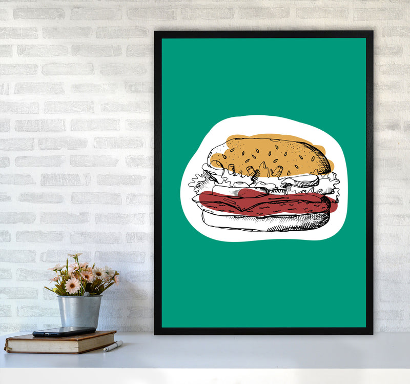 Kitchen Pop Burger Teal Art Print by Pixy Paper A1 White Frame