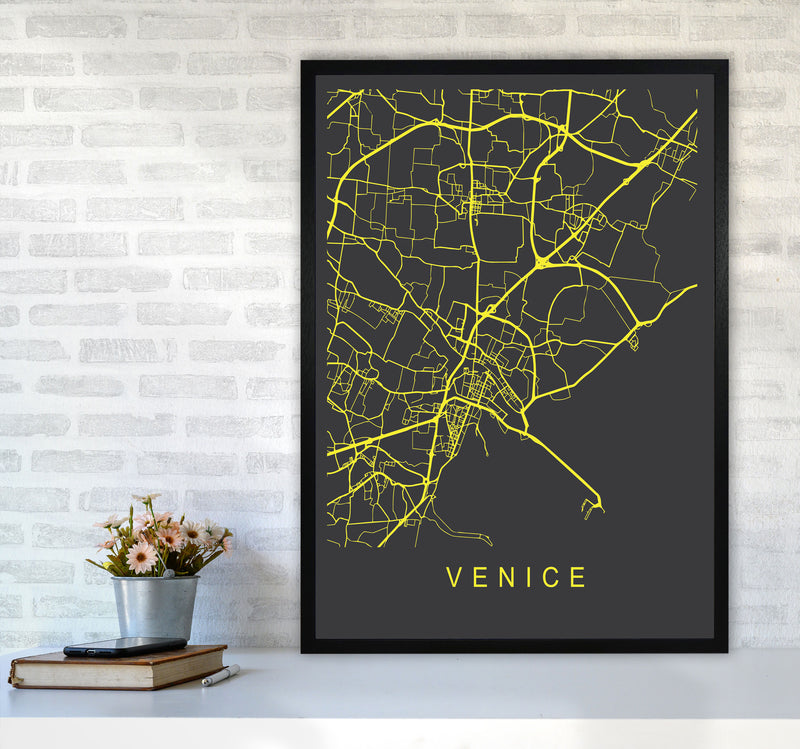 Venice Map Neon Art Print by Pixy Paper A1 White Frame