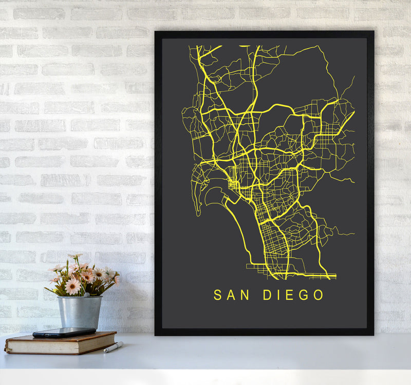 San Diego Map Neon Art Print by Pixy Paper A1 White Frame