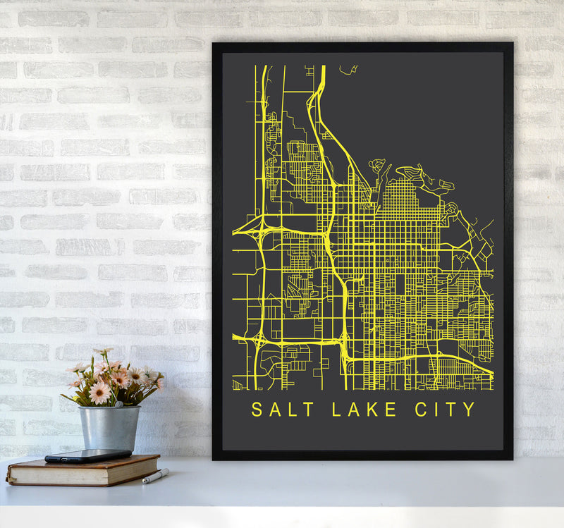 Salt Lake City Map Neon Art Print by Pixy Paper A1 White Frame
