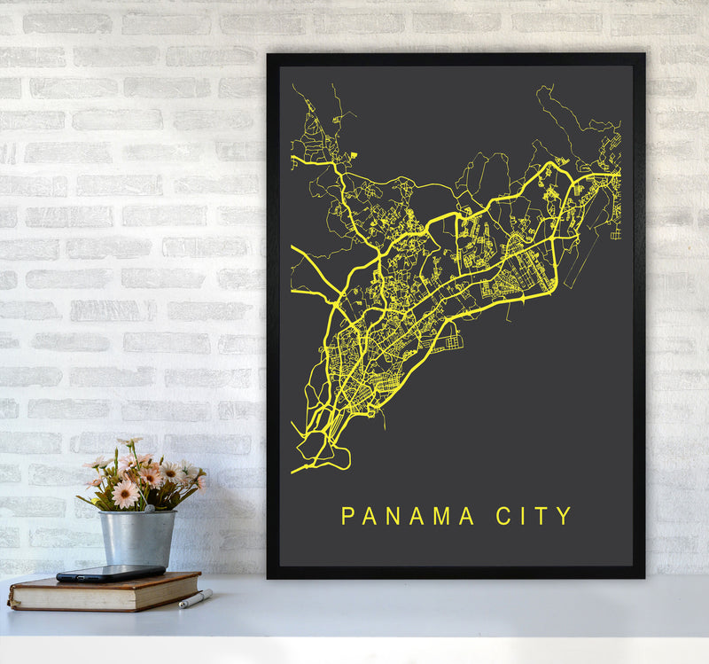 Panama City Map Neon Art Print by Pixy Paper A1 White Frame