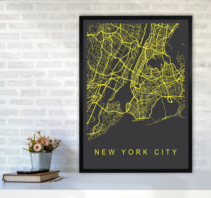 New York City Map Neon Art Print by Pixy Paper A1 White Frame