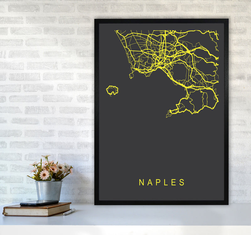 Naples Map Neon Art Print by Pixy Paper A1 White Frame