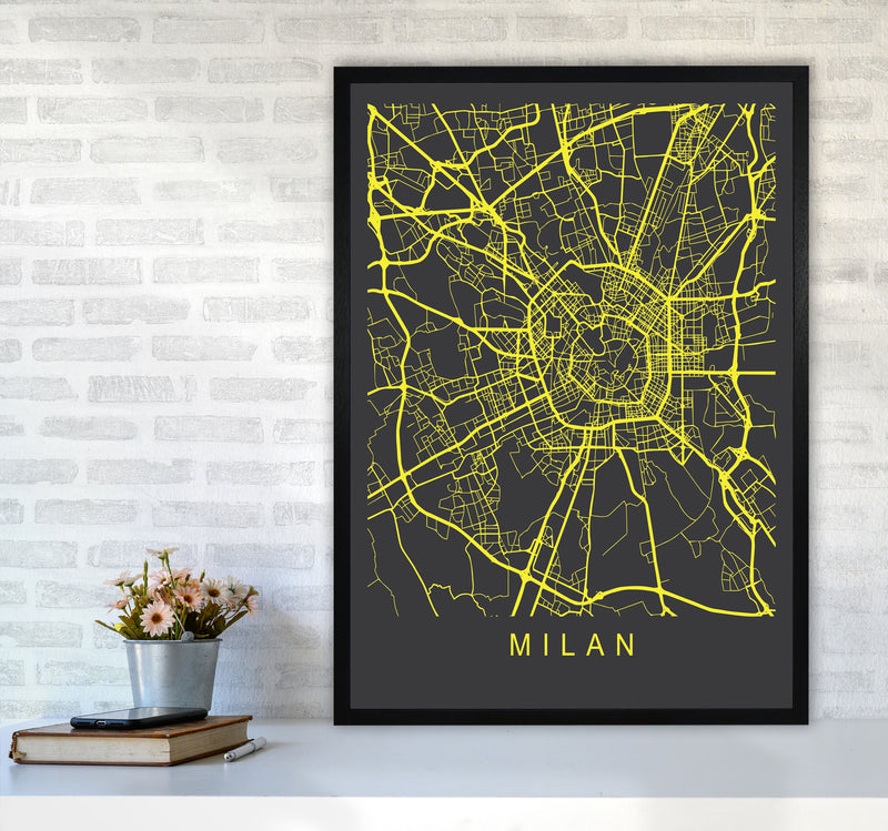 Milan Map Neon Art Print by Pixy Paper A1 White Frame