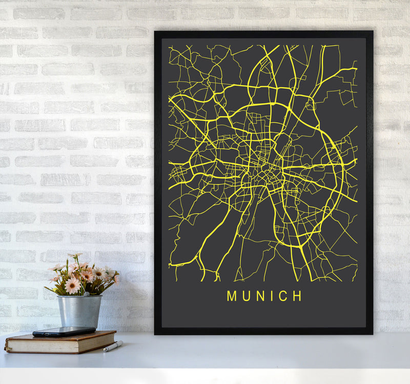 Munich Map Neon Art Print by Pixy Paper A1 White Frame