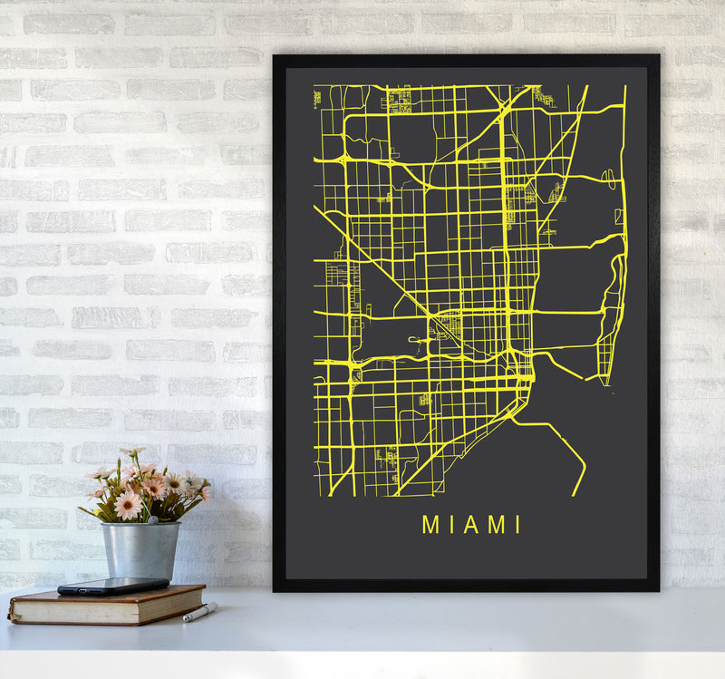 Miami Map Neon Art Print by Pixy Paper A1 White Frame
