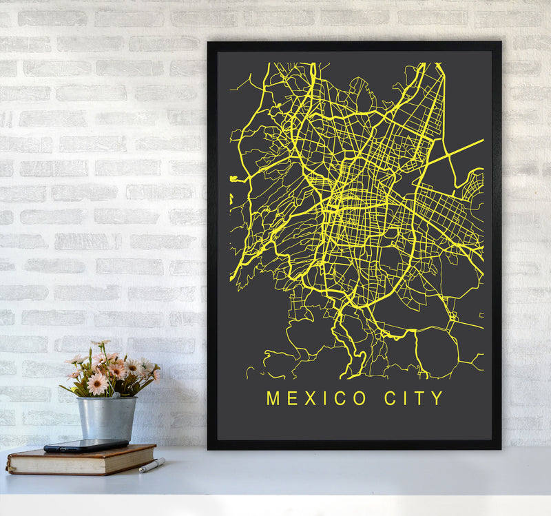 Mexico City Map Neon Art Print by Pixy Paper A1 White Frame