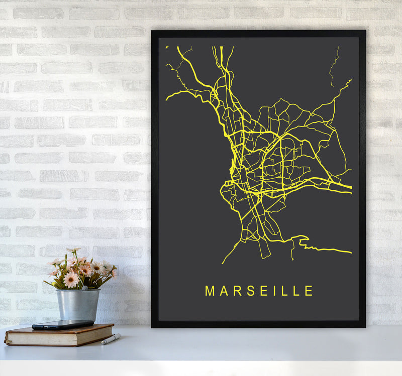 Marseille Map Neon Art Print by Pixy Paper A1 White Frame