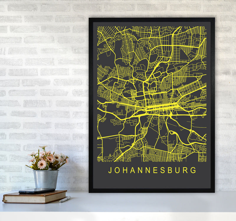 Johannesburg Map Neon Art Print by Pixy Paper A1 White Frame