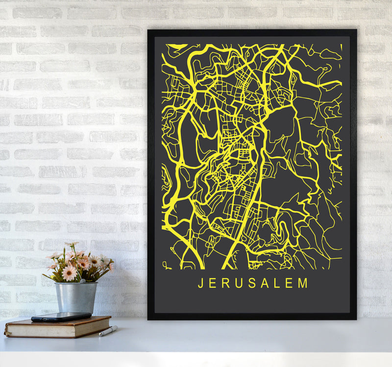 Jerusalem Map Neon Art Print by Pixy Paper A1 White Frame