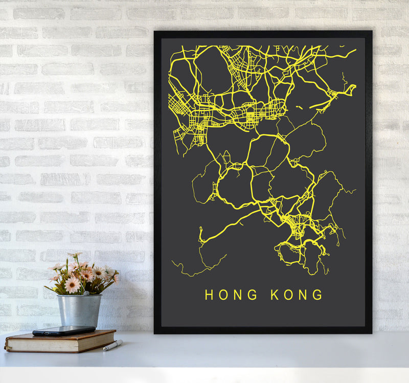 Hong Kong Map Neon Art Print by Pixy Paper A1 White Frame