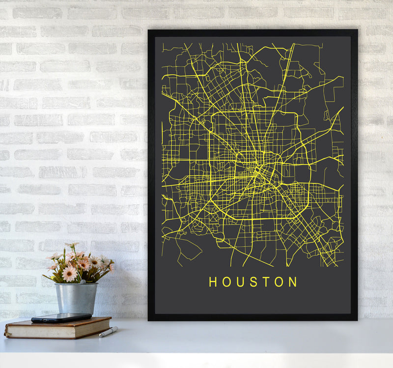 Houston Map Neon Art Print by Pixy Paper A1 White Frame