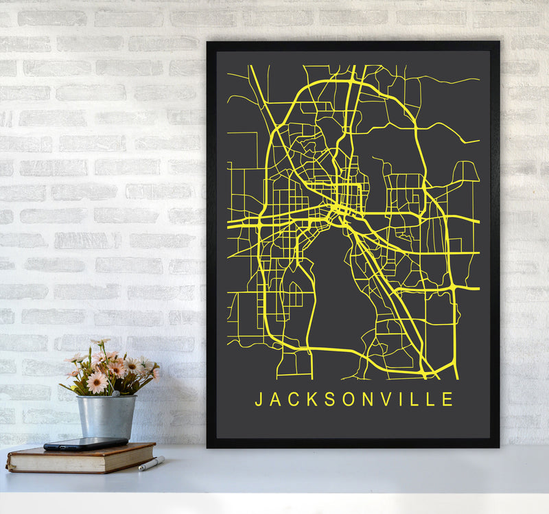 Jacksonville Map Neon Art Print by Pixy Paper A1 White Frame