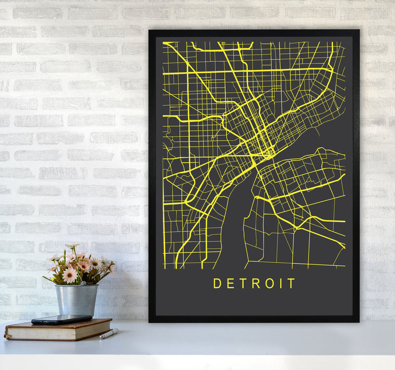 Detroit Map Neon Art Print by Pixy Paper A1 White Frame