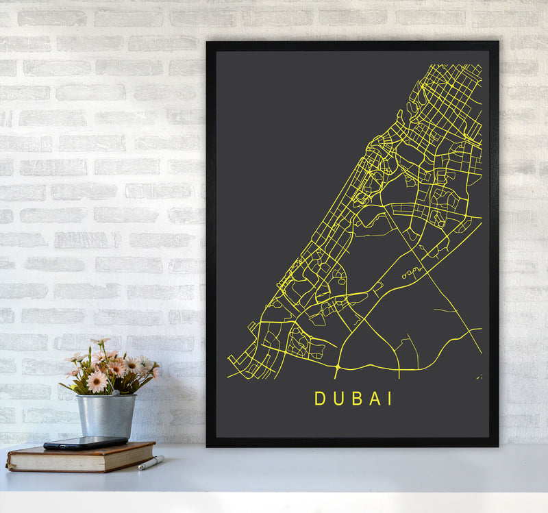 Dubai Map Neon Art Print by Pixy Paper A1 White Frame