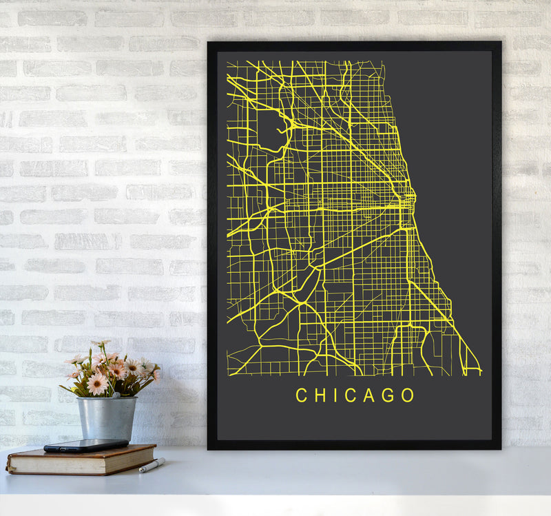 Chicago Map Neon Art Print by Pixy Paper A1 White Frame