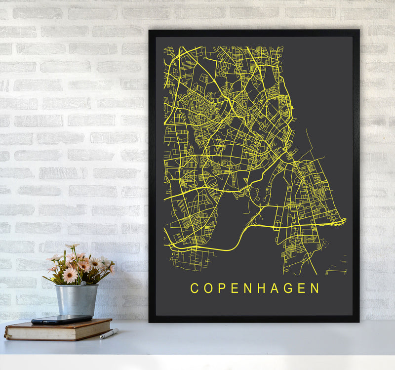 Copenhagen Map Neon Art Print by Pixy Paper A1 White Frame