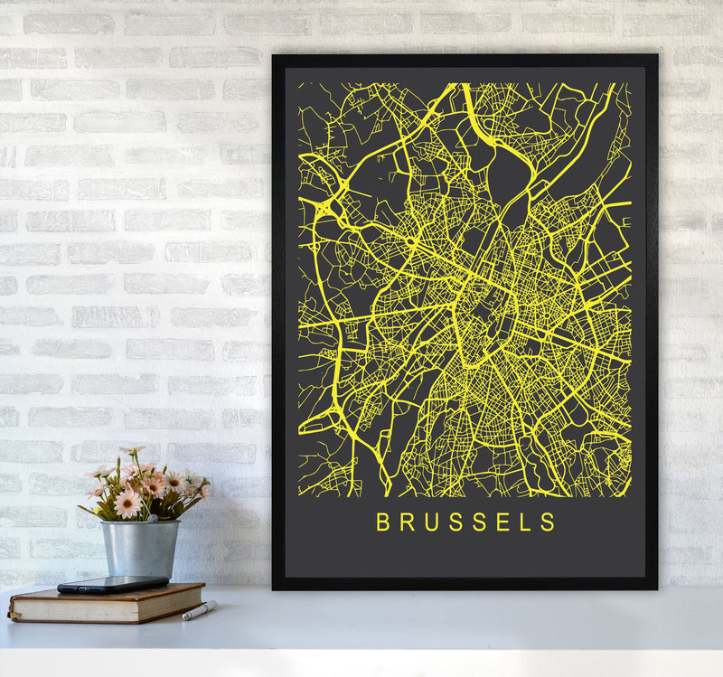 Brussels Map Neon Art Print by Pixy Paper A1 White Frame