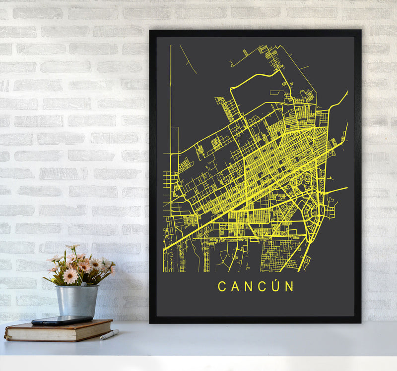 Cancun Map Neon Art Print by Pixy Paper A1 White Frame