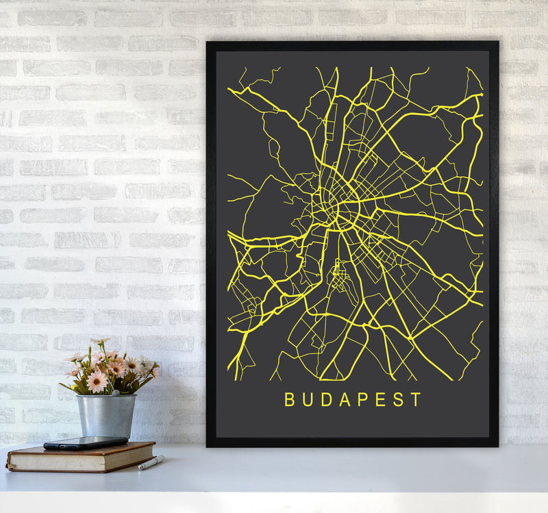 Budapest Map Neon Art Print by Pixy Paper A1 White Frame