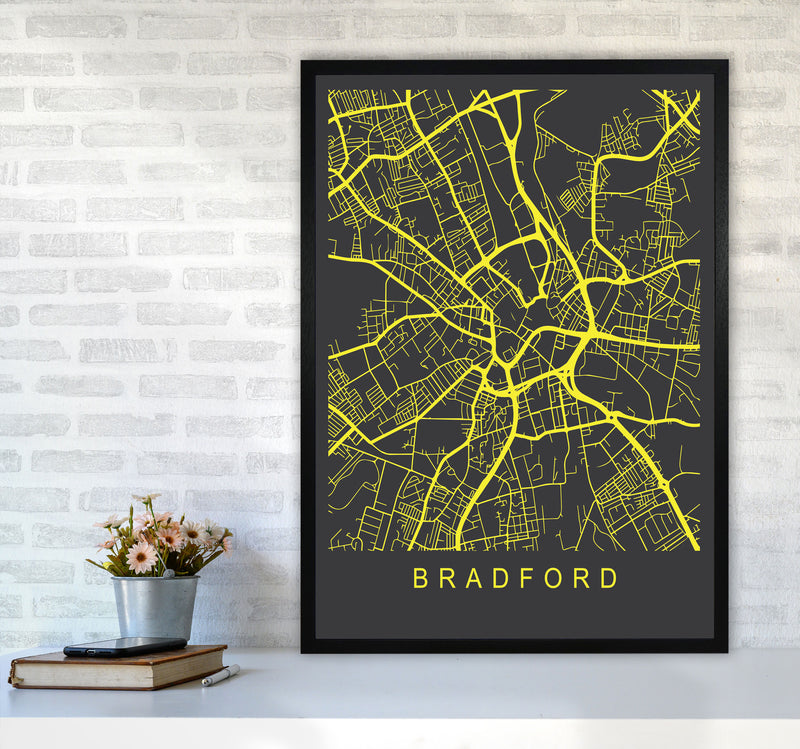 Bradford Map Neon Art Print by Pixy Paper A1 White Frame