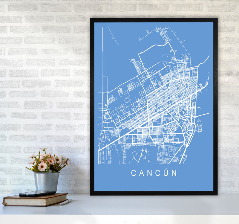 Cancun Map Blueprint Art Print by Pixy Paper A1 White Frame