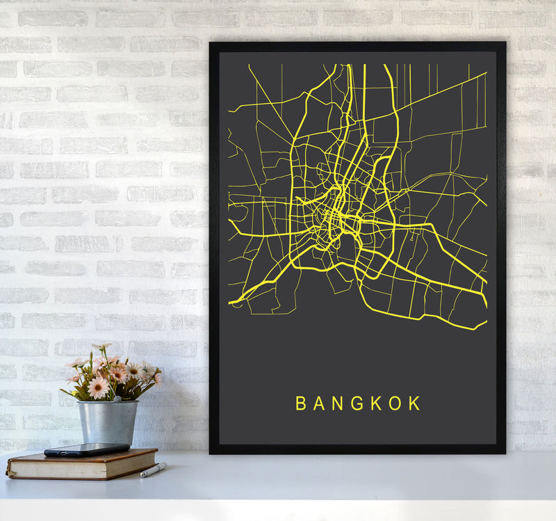 Bangkok Map Neon Art Print by Pixy Paper A1 White Frame