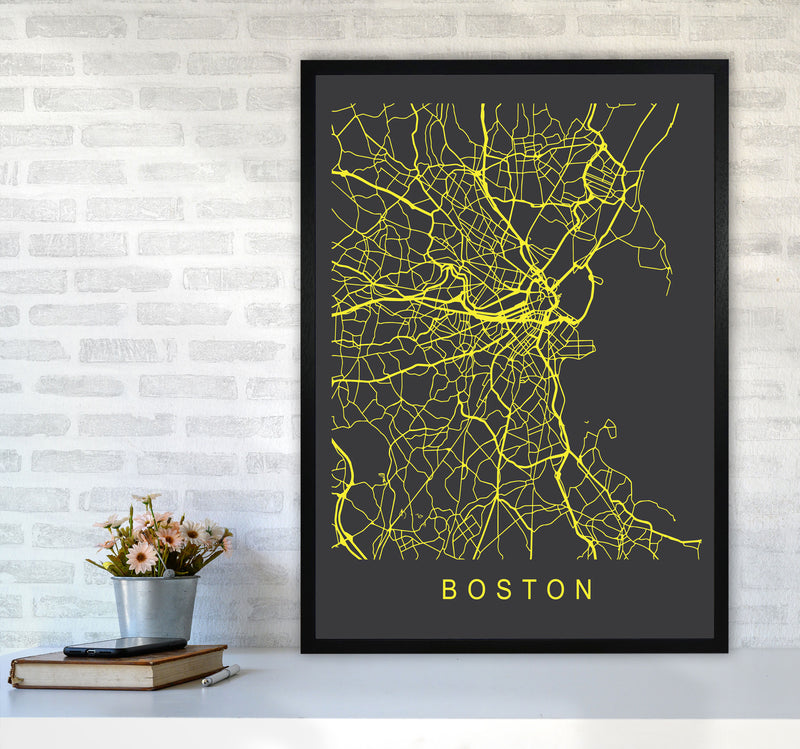 Boston Map Neon Art Print by Pixy Paper A1 White Frame