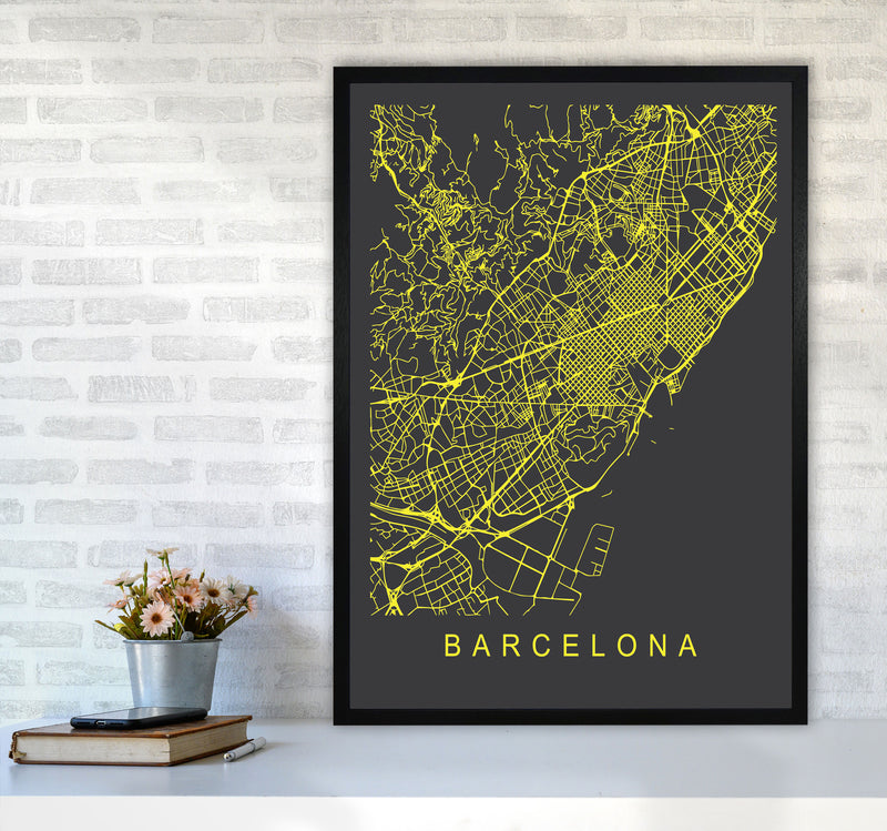 Barcelona Map Neon Art Print by Pixy Paper A1 White Frame