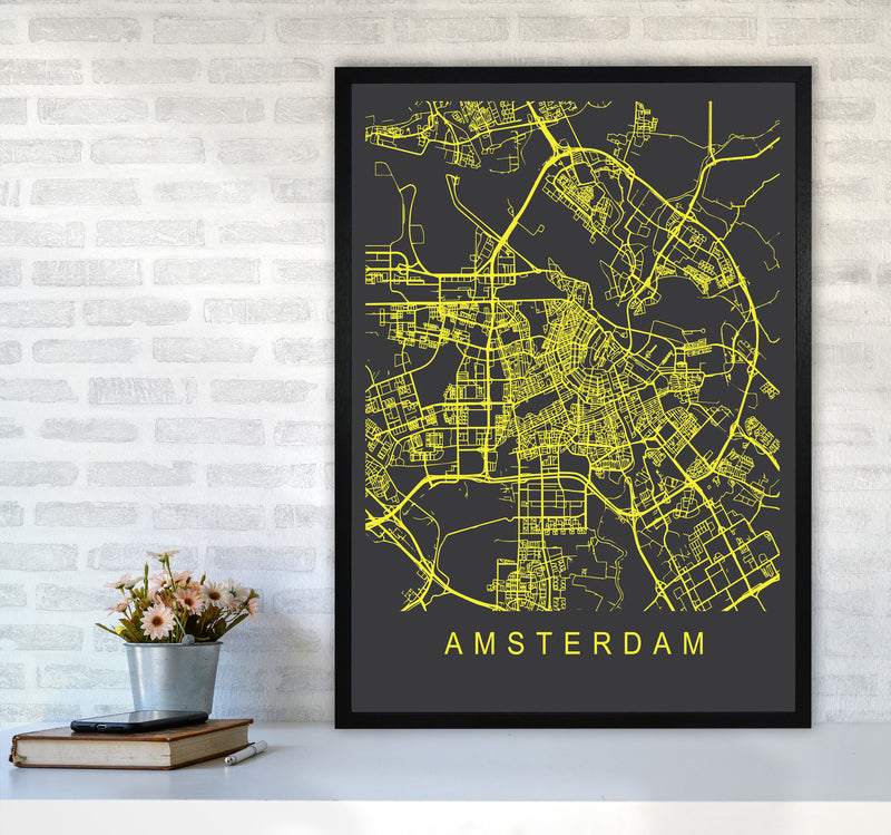 Amsterdam Map Neon Art Print by Pixy Paper A1 White Frame