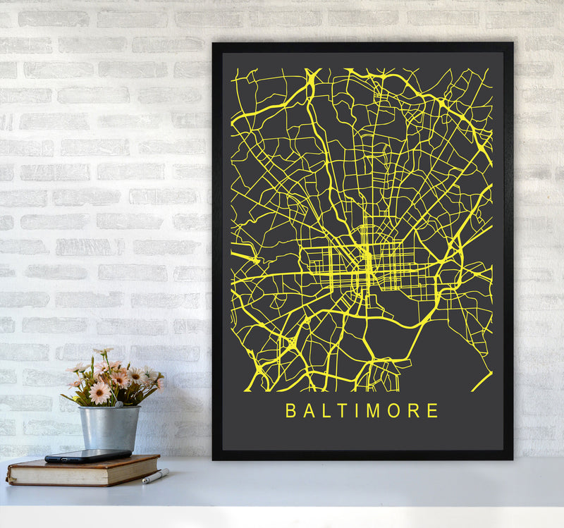 Baltimore Map Neon Art Print by Pixy Paper A1 White Frame