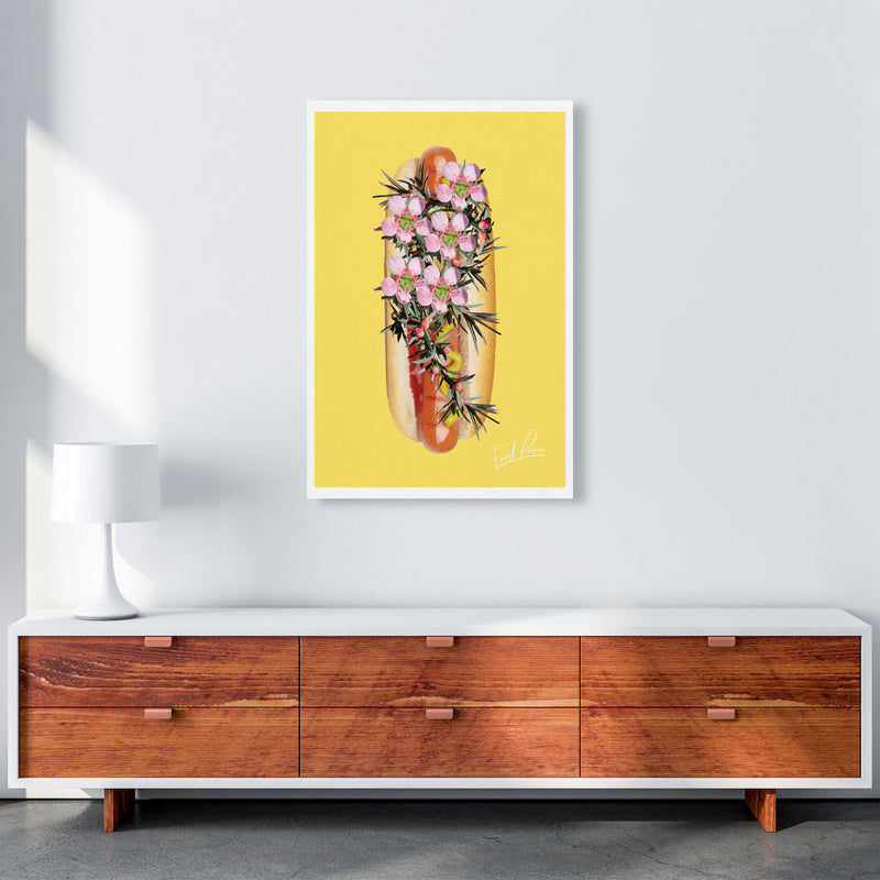 Yellow Hot Dog Food Print, Framed Kitchen Wall Art A1 Canvas
