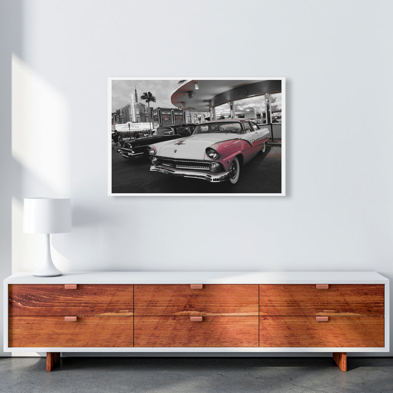 Vintage Pink And White Car Modern Print A1 Canvas
