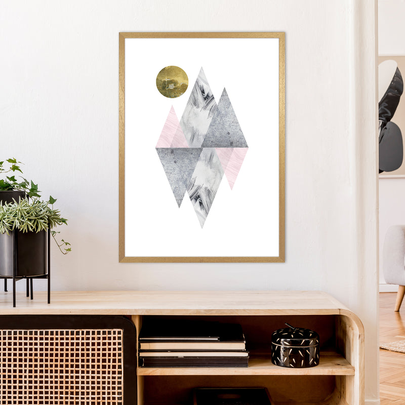 Luna Pink And Grey Diamonds With Gold Moon  Art Print by Pixy Paper A1 Print Only