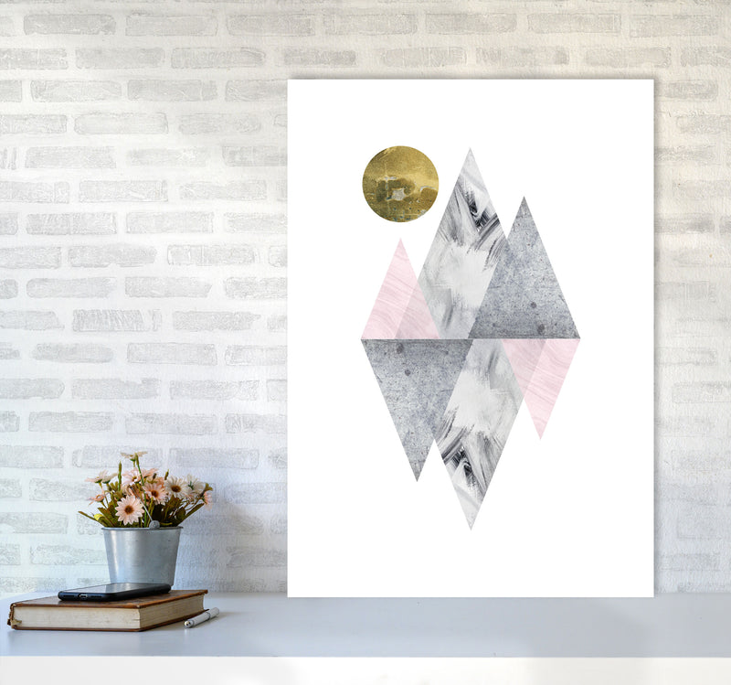 Pink And Grey Diamonds With Gold Moon Abstract Modern Print A1 Black Frame