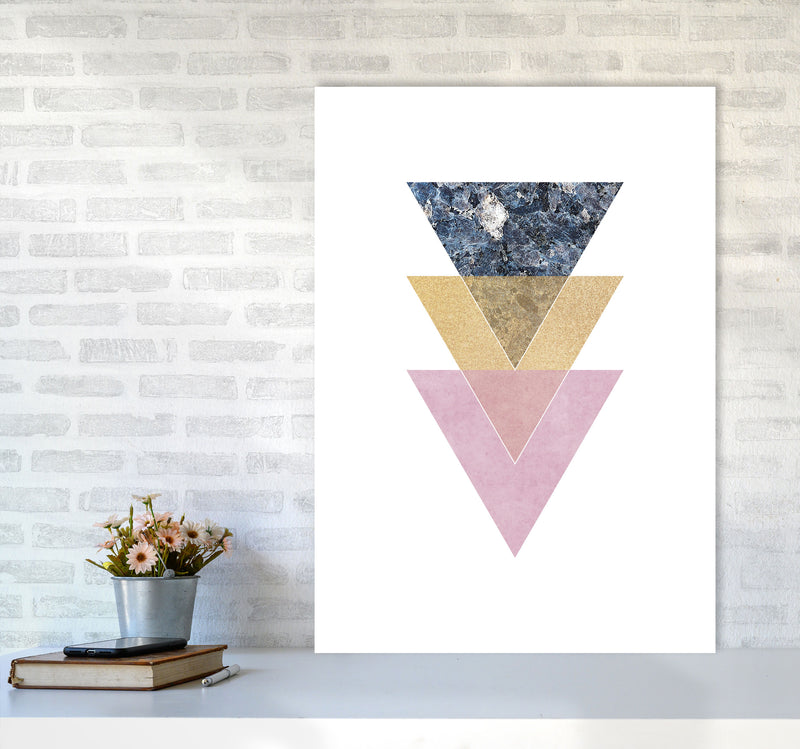 Blue, Gold And Pink Abstract Triangles Modern Print A1 Black Frame