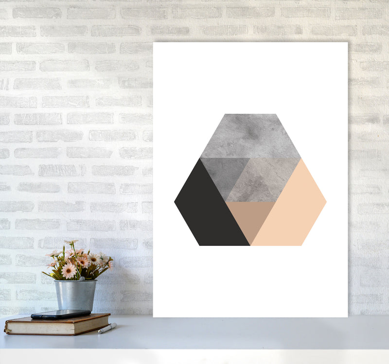 Peach And Black Abstract Hexagon Modern Print A1 Black Frame