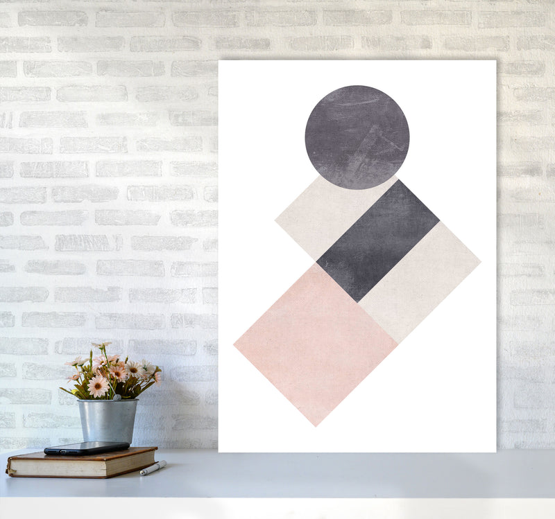 Cotton, Pink And Grey Abstract Squares And Circle Modern Print A1 Black Frame