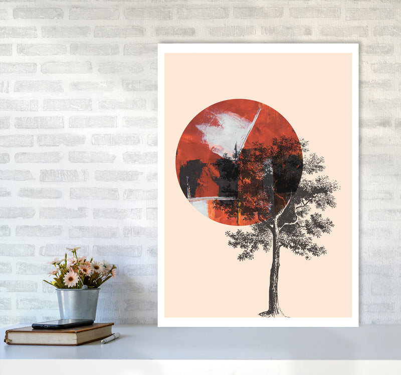Red Sun And Tree Abstract Modern Print A1 Black Frame