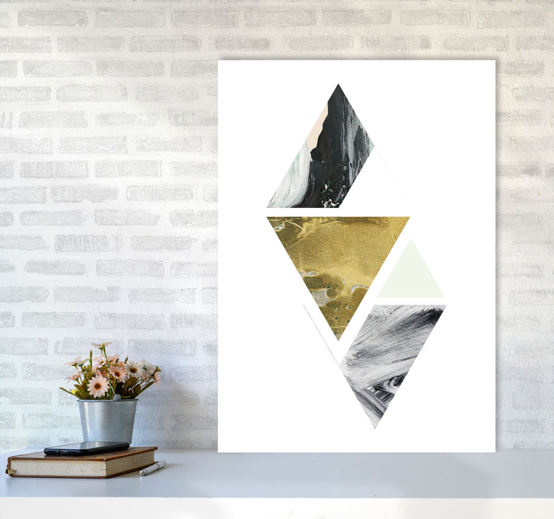 Textured Peach, Green And Grey Abstract Triangles Modern Print A1 Black Frame