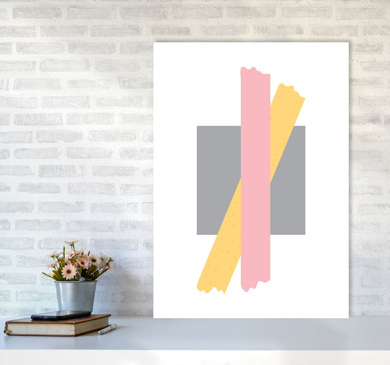 Grey Square With Pink And Yellow Bow Abstract Modern Print A1 Black Frame